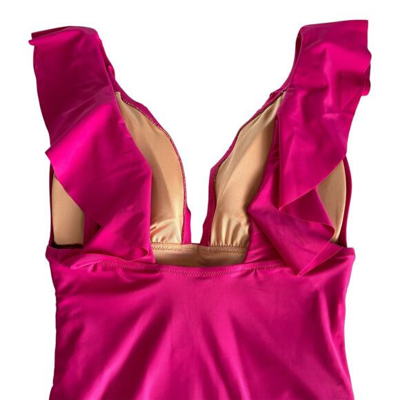 J.Crew Radiant Fuchsia Pink Ruched Ruffle One Piece Swimsuit Women’s Size 8 NWT - Picture 7 of 9